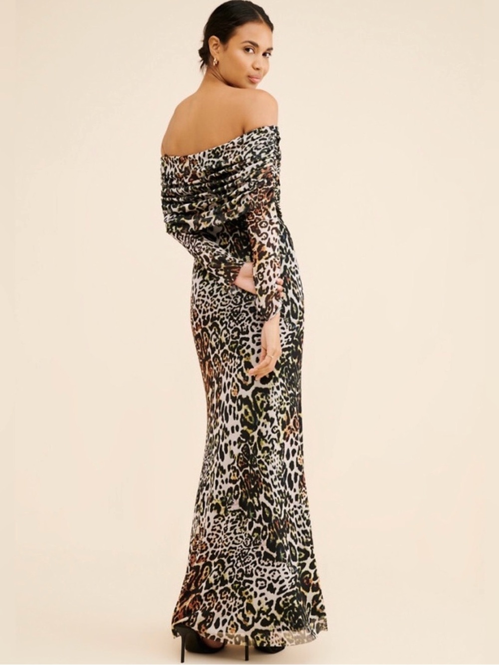 AFRM Off-Shoulder Leopard Print Maxi Dress in Black, Brown, Green